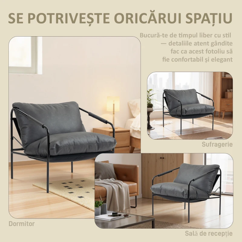 HOMCOM Fotoliu de Living din Piele PU și Cadru Metalic cu Perne Groase, 74,5x75x77 cm, Gri Cărbune