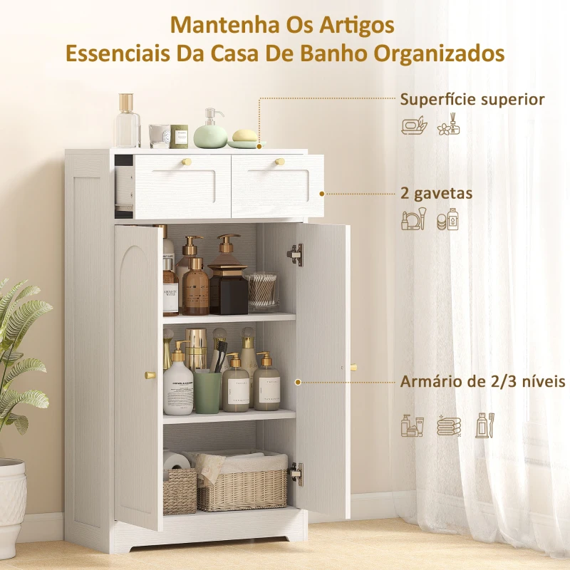 HOMCOM Armário de Casa de Banho Estreito com 2 Gavetas Prateleira Aberta e Porta com Painel Arqueado 60x30x108 cm Branco Texturizado