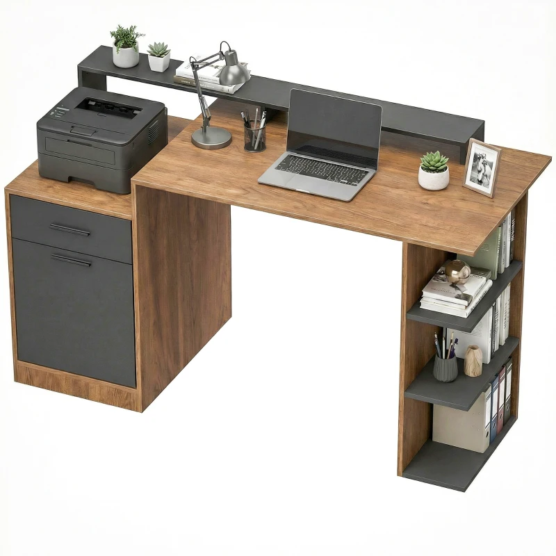 HOMCOM Computertisch mit Stauraum und Regalen, Moderner Schreibtisch für Büro und Arbeitszimmer, 140 cm, Eiche