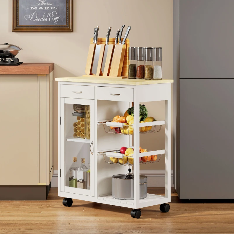 HOMCOM Carrello da Cucina in Bambù con 2 Cassetti, Armadietto, Ripiano e 2 Cestini in Acciaio, 67x35x80 cm, Bianco