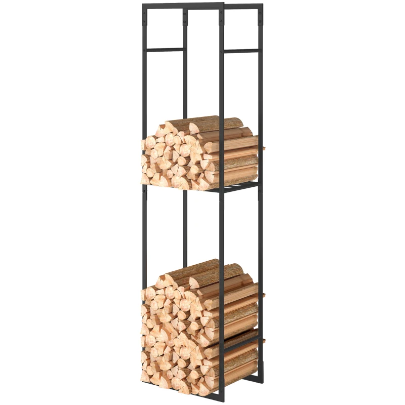 Outsunny Metal Firewood Log Holder, Heavy Duty Firewood Rack with Adjustable Shelf, Indoor Outdoor Fireplace Wood Storage Shelf, 45 x 31 x 170 cm, Black