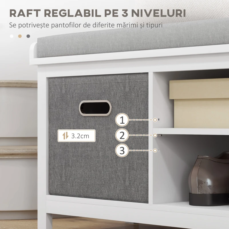 HOMCOM Bancă pentru Pantofi cu Raft Reglabil pe 3 Niveluri și 2 Sertare, din PAL, 105x35x47 cm, Alb și Gri