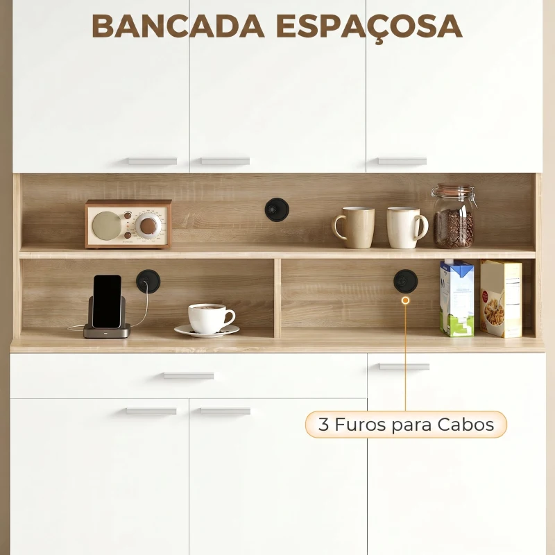 HOMCOM Armário de Cozinha Alto com 6 Portas e Grande Gaveta Prateleiras Bancada Ampla para Micro-ondas 120x40x175 cm Branco e Madeira