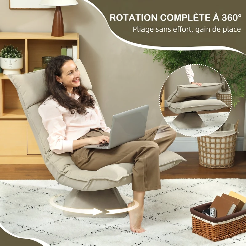 HOMCOM Chaise de sol pivotante à 360°, fauteuil pliable en velours avec dossier réglable 5 positions, 70x62x95cm, beige