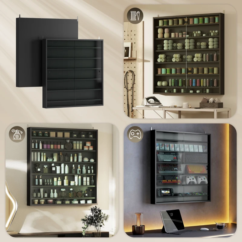 HOMCOM Six Shelf Display Cabinet, with Glass Doors - Black
