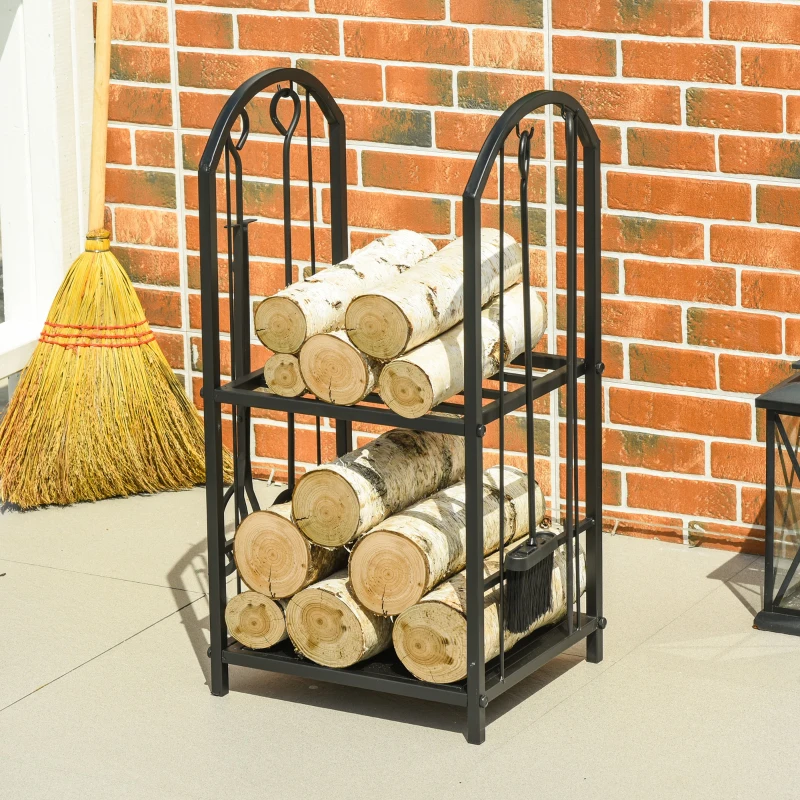 Outsunny Suport lemne cu 2 rafturi din metal, cu lopată, mătură, cârlig și clește, 41,5x32,5x74,5 cm, negru