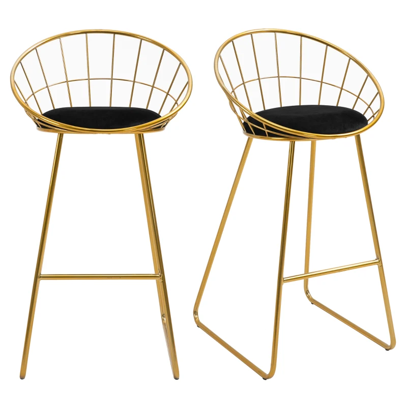 HOMCOM Lot de 2 Tabourets de Bar Design Chaise Haute pour Bar Bistro avec Repose-Pied Structure métal et Coussin Velours 52,5 x 47 x 97 cm Noir et doré