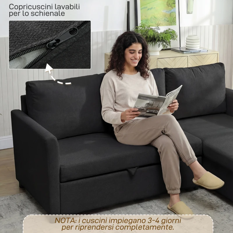 HOMCOM Divano Letto Angolare Effetto Lino con Vano Portaoggetti a Scomparsa, 192x148x86 cm, Grigio Antracite