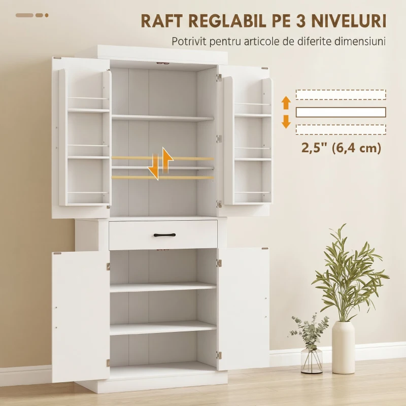 HOMCOM Dulap de Bucătărie Rustic cu 2 Dulapuri, 6 Rafturi și Sertar, din Lemn, 76x39.5x183.5 cm, Alb