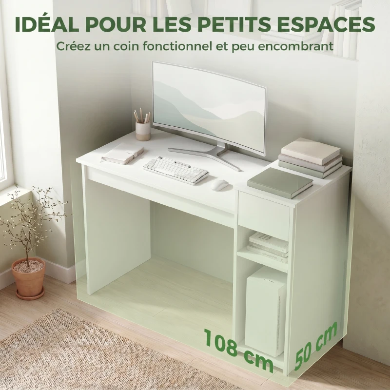 HOMCOM Bureau informatique avec tiroir et étagère, bureau d'ordinateur avec support d'unité centrale, 108 x 50 x 82 cm, blanc
