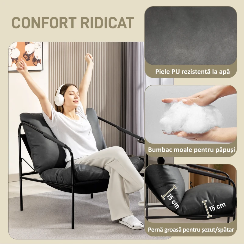 HOMCOM Fotoliu de Living din Piele PU și Cadru Metalic cu Perne Groase, 74,5x75x77 cm, Gri Cărbune
