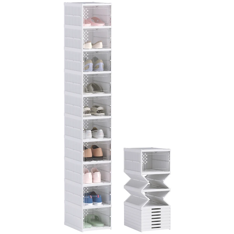 HOMCOM Lot de 10 boîtes à chaussures pliables en plastique empilables avec couvercles, pour pointure jusqu'à 43, blanc