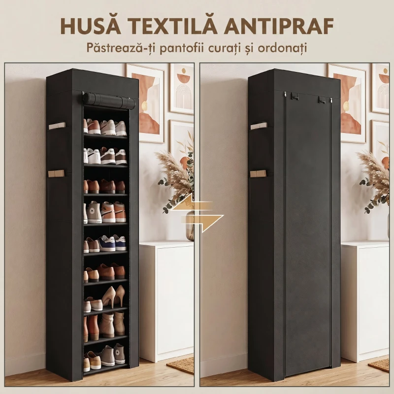 HOMCOM Pantofar 10 Etajere, Cover Antipraf, 20 Perechi, 45 x 30 x 175 cm, Negru