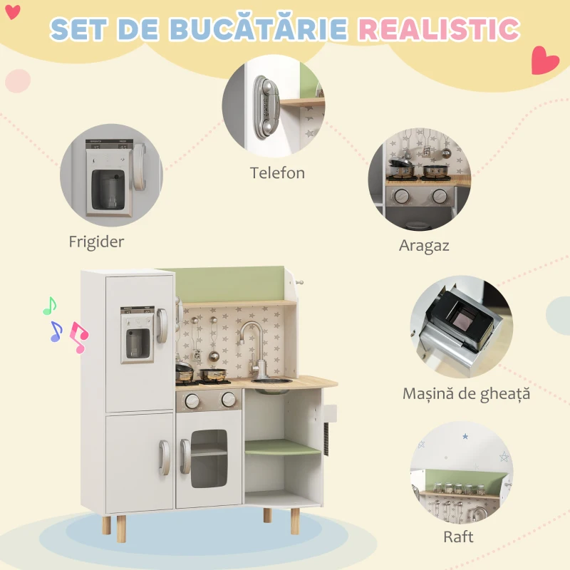 AIYAPLAY Bucătărie de Jucărie pentru Copii 3-6 Ani cu Mașină de Gheață și Ustensile, 84x34x89 cm, Alb și Verde
