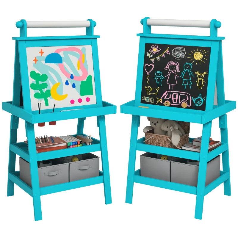 AIYAPLAY Tablă pentru Copii cu Șevalet 3 în 1, Rolă de Hârtie și 2 Containere, din Lemn, 59x48x118 cm, Albastru