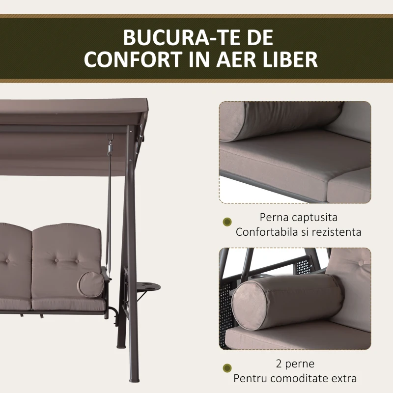 Outsunny Balansoar Autoportant cu 3 Locuri, Scaun de Relaxare Exterior Căptușit cu Acoperiș Reglabil, Maro