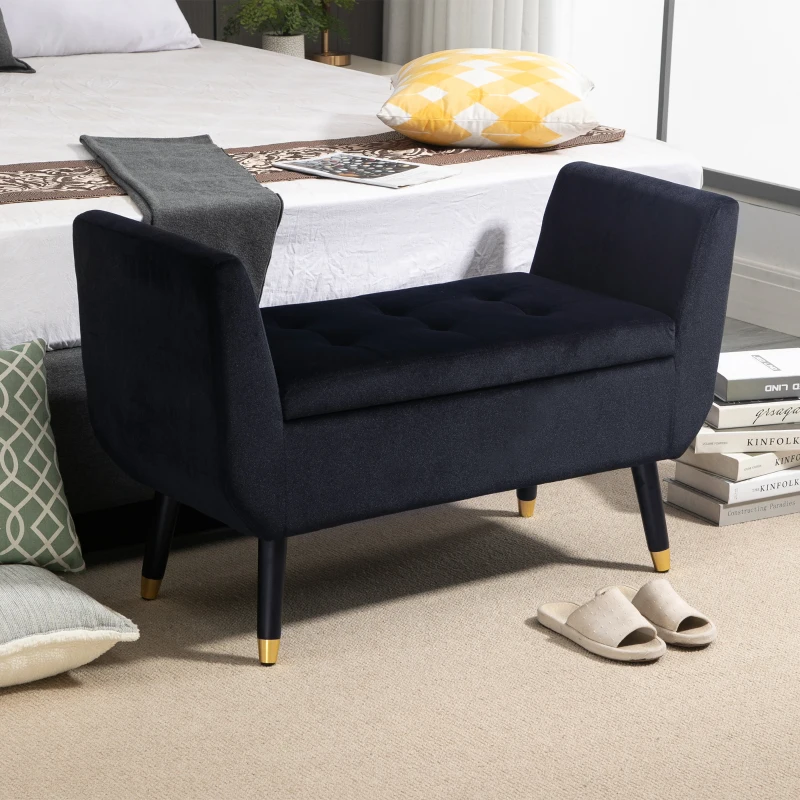 HOMCOM Sitzbank mit Stauraum Armlehnen Polsterbank mit Samtoptik, Sitztruhe mit Holzbeine, Truhenbank für Wohnzimmer Schlafzimmer Flur 107 x 42 x 65 cm, Schwarz
