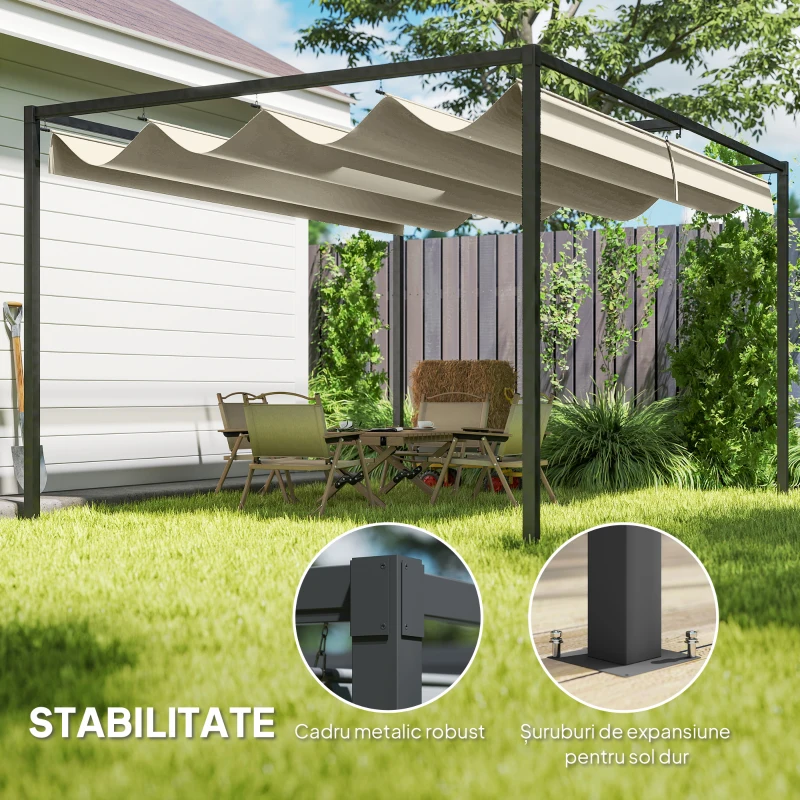 Outsunny Pergolă Gazebo pentru Exterior 3x2 m cu Acoperiș Retractabil din Metal și Poliester, Crem și Gri