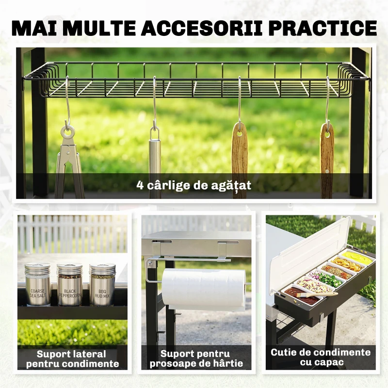 Outsunny Cărucior pentru Grătar de Exterior cu Blat din Oțel Inoxidabil, Cârlige și Mâner Lateral, Negru