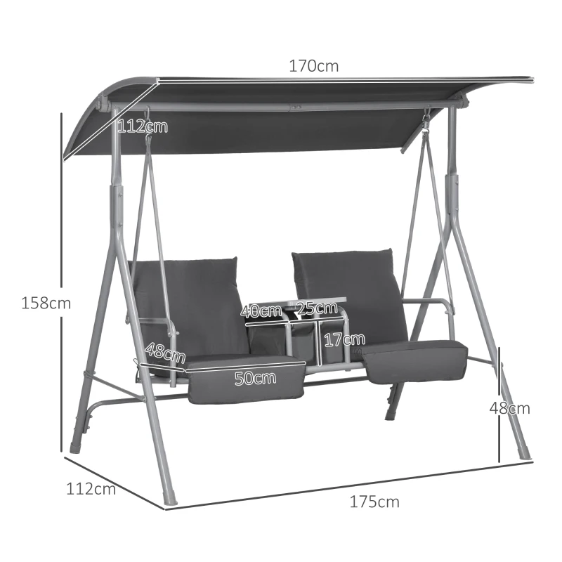 Outsunny Dondolo 2 Posti con Tavolino e Portabicchieri, in Metallo e Poliestere, 175x110x165 cm, Grigio