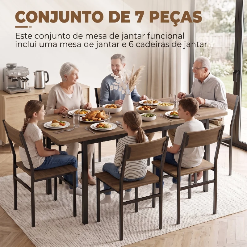 HOMCOM Conjunto de Mesa de Jantar Extensível 120-160 cm e 6 Cadeiras Empilháveis para 4-6 Pessoas Castanho Efeito Madeira
