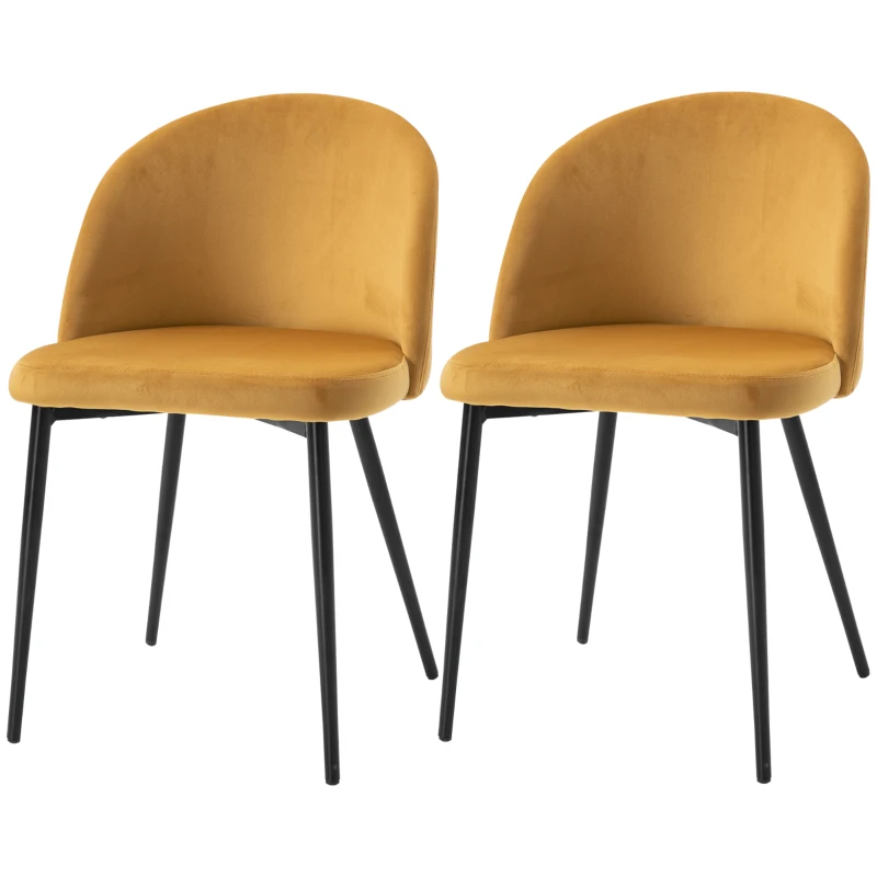 HOMCOM Set di 2 Sedie per Sala da Pranzo e Cucina Imbottite in Velluto, 49x50x77cm, Giallo