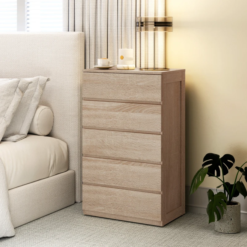 HOMCOM Comodă cu 5 Sertare din Lemn cu Ghidaje Metalice și Mânere Canelate, 60x39x100 cm, Lemn Natural