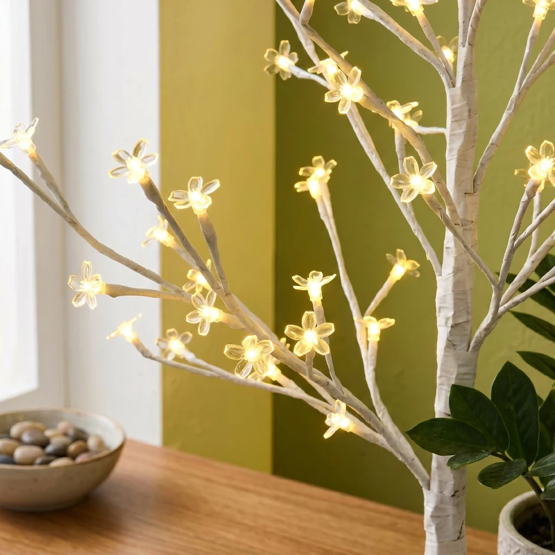 HOMCOM Pom decorativ luminos de mesteacăn cu 180 de lumini LED, înalt de 180 cm, cu 3 niveluri de luminozitate, pentru interior și exterior, alb