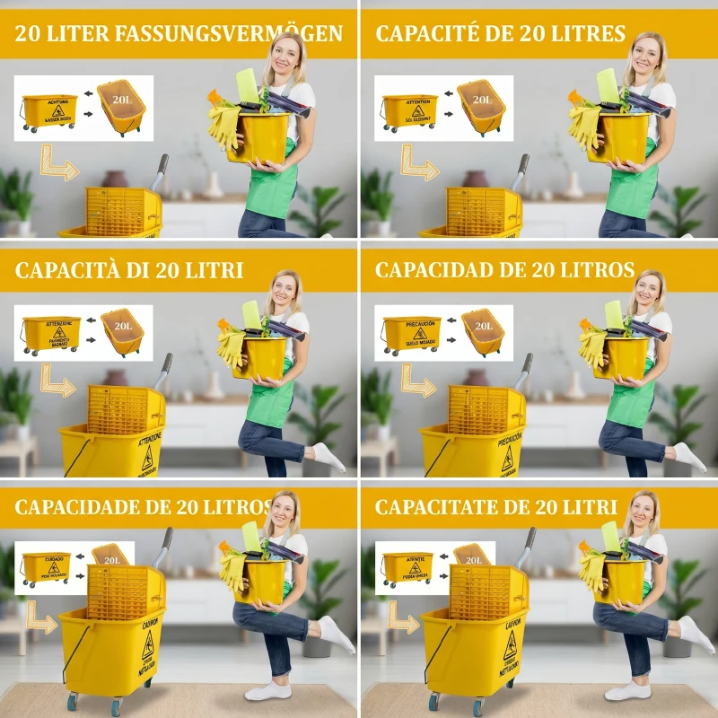 HOMCOM Găleată Profesională pentru Spălat Podele 20L cu Mop, Stoarcător, Roți și Mâner, 45x26,5x70 cm, Galben