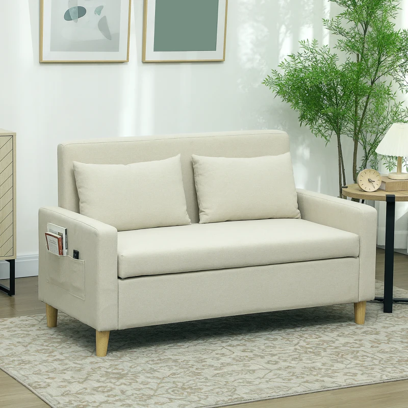 HOMCOM Sofá de 2 Plazas Tapizado en Lino Sintético con Espacio de Almacenaje 2 Almohadas y Patas de Madera 135x71x84 cm Beige