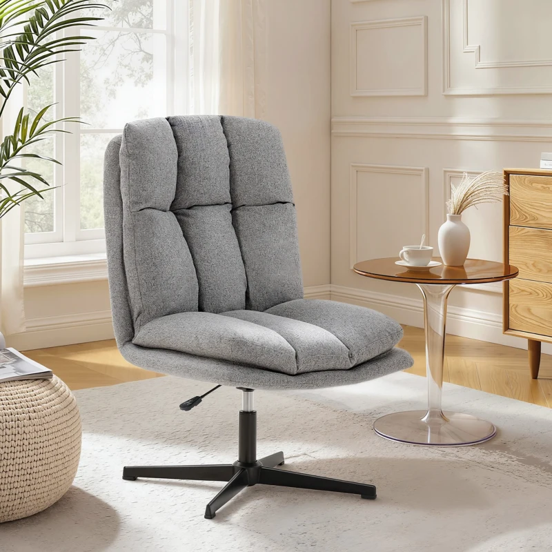HOMCOM Sedia per Soggiorno Girevole in Tessuto Effetto Lino e Metallo, 63x75x92-102 cm, Grigio Chiaro