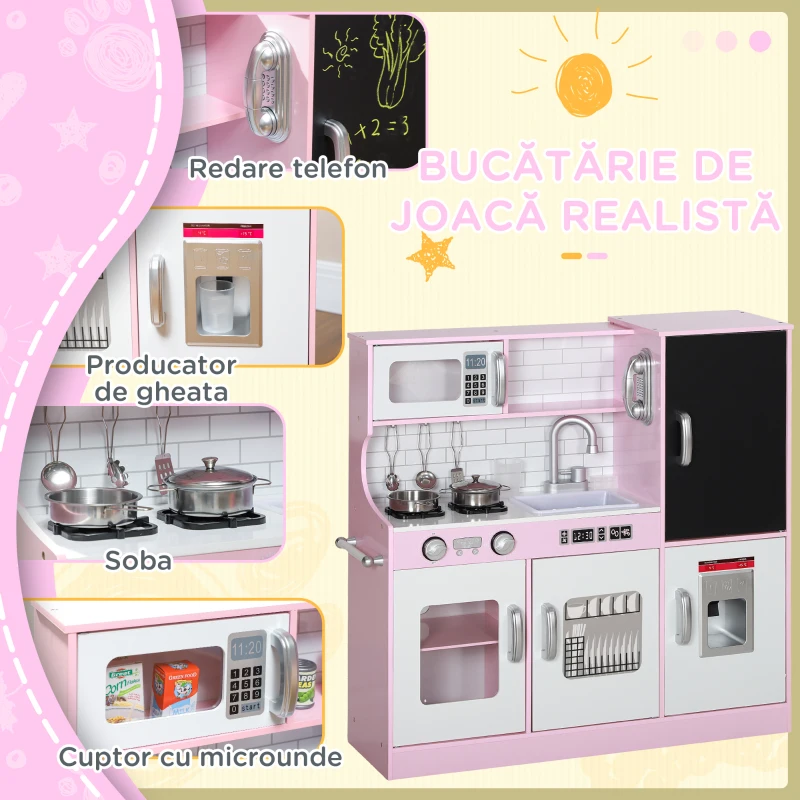 AIYAPLAY Bucătărie de Jucărie din Lemn pentru Copii 3-8 Ani cu Aragaz, Cuptor cu Microunde, Chiuvetă și Accesorii, Roz