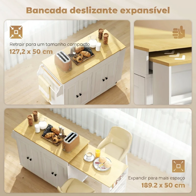 HOMCOM Ilha de Cozinha com Rodas Tampo Extensível Carrinho de Cozinha com 4 Portas Prateleiras Ajustáveis Estante Lateral Aberta Branco