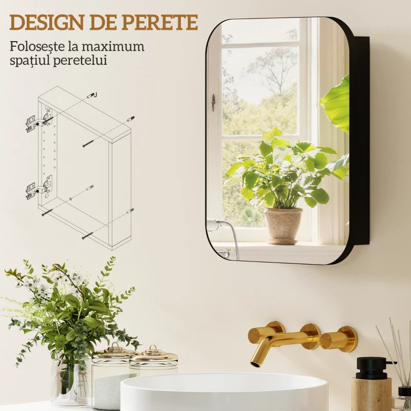 HOMCOM Dulap cu Oglindă și 2 Rafturi Reglabile, din Lemn și Sticlă, 40,2x10,2x50,9 cm, Negru