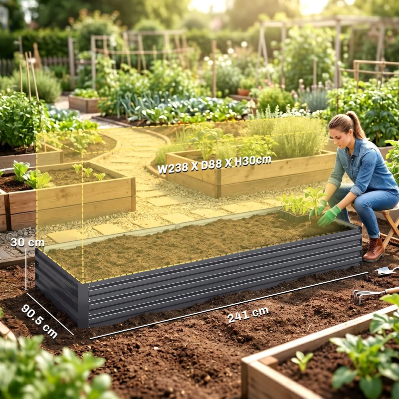 Outsunny Pat de grădină înălțat din metal pentru exterior, ideal pentru flori și legume, 241x90,5x30 cm, gri