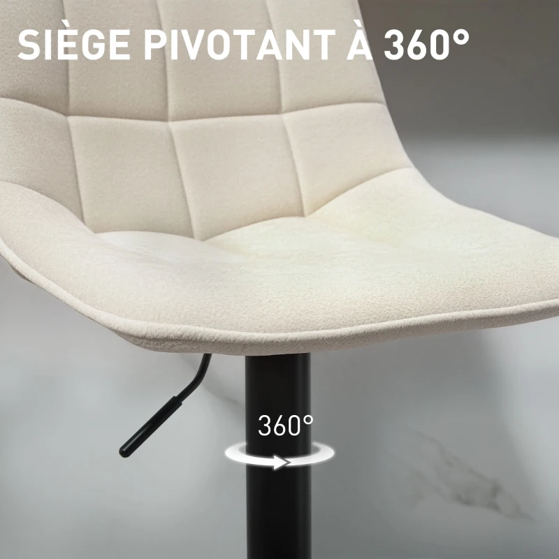 HOMCOM Lot de 2 tabourets de bar, chaises de bar en chenille hauteur réglable avec dossier pivotant 360° 47x48x117,5cm beige