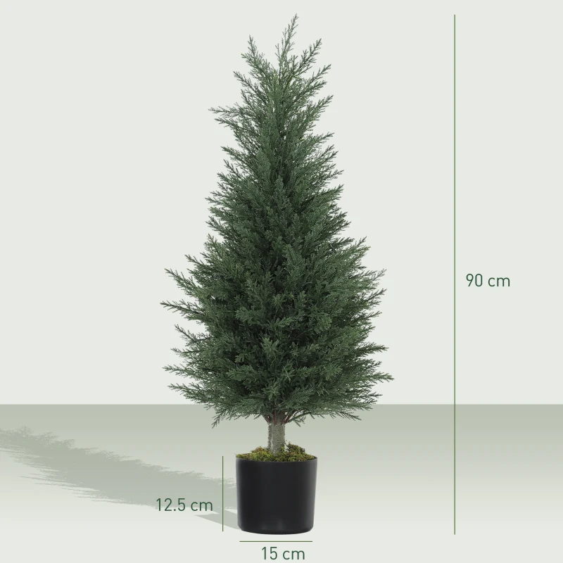 HOMCOM Artificial Cypress Tree, 90 cm Fake Cypress Tree with Plastic Pots, UV-Resistant Faux Plants for Garden Front Porch Decoration, 2 Pack