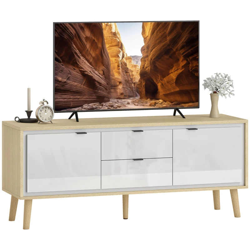 HOMCOM Meuble TV, meuble télé pour jusqu'à 55 pouces, 2 portes à haute brillance, 2 tiroirs silencieux, 120 x 35 x 50 cm, blanc