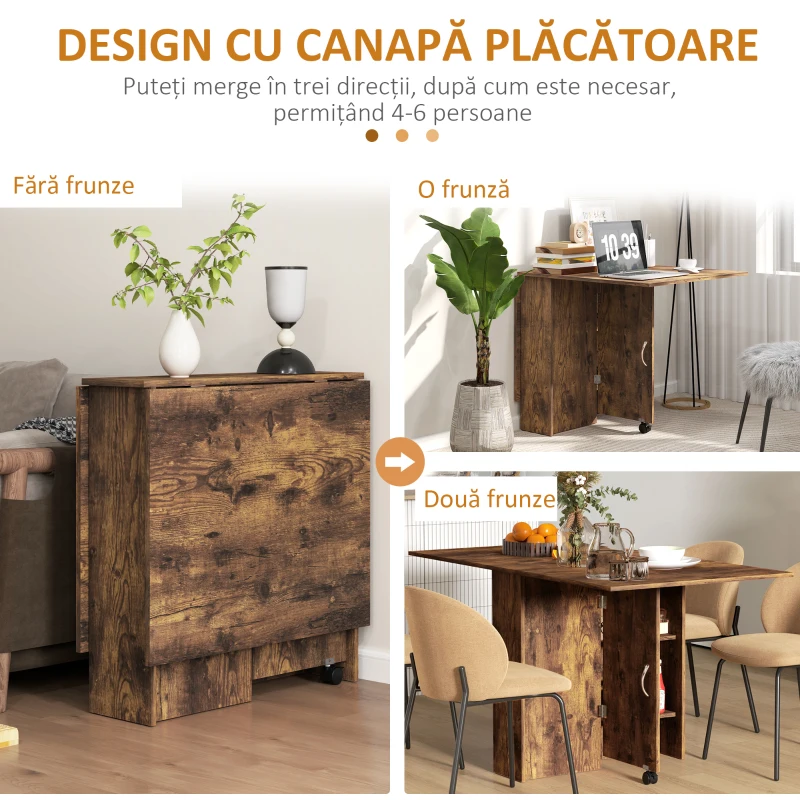 HOMCOM Masă Pliabilă, 4 Persoane, 2 Rafturi Deschise, Roți cu Frână, 140x75x74 cm, Lemn Natural