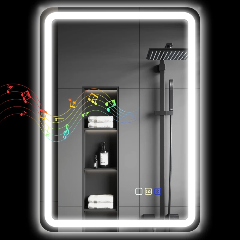 HOMCOM Oglindă de baie LED cu Bluetooth, iluminare reglabilă și funcție de memorie, din sticlă securizată, 70x50x3,5 cm