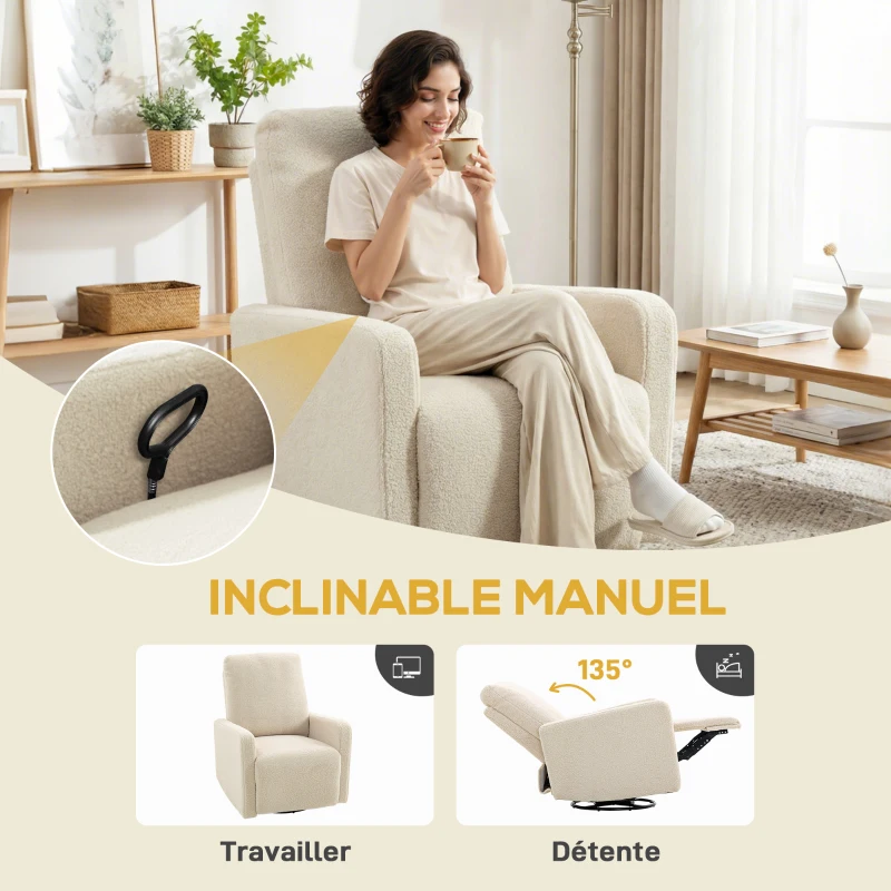 HOMCOM Fauteuil inclinable, fauteuil de relaxation avec repose-pieds, pivotant à 360° et basculant, 76 x 94 x 100 cm, beige(m-4)