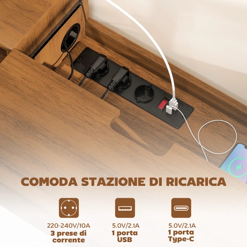HOMCOM Mobile Porta TV fino 50" Sospeso con Prese di Corrente, USB e Tipo C, Cassetto e Ripiani, 120x24x22.4 cm, Noce