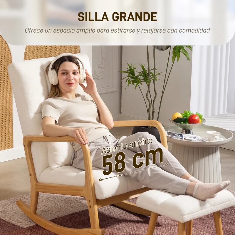 HOMCOM Silla Mecedora con Reposapiés Tapizado en Bouclé Cojín Acolchado y Reposabrazos y Patas de Madera Carga 120 kg Blanco