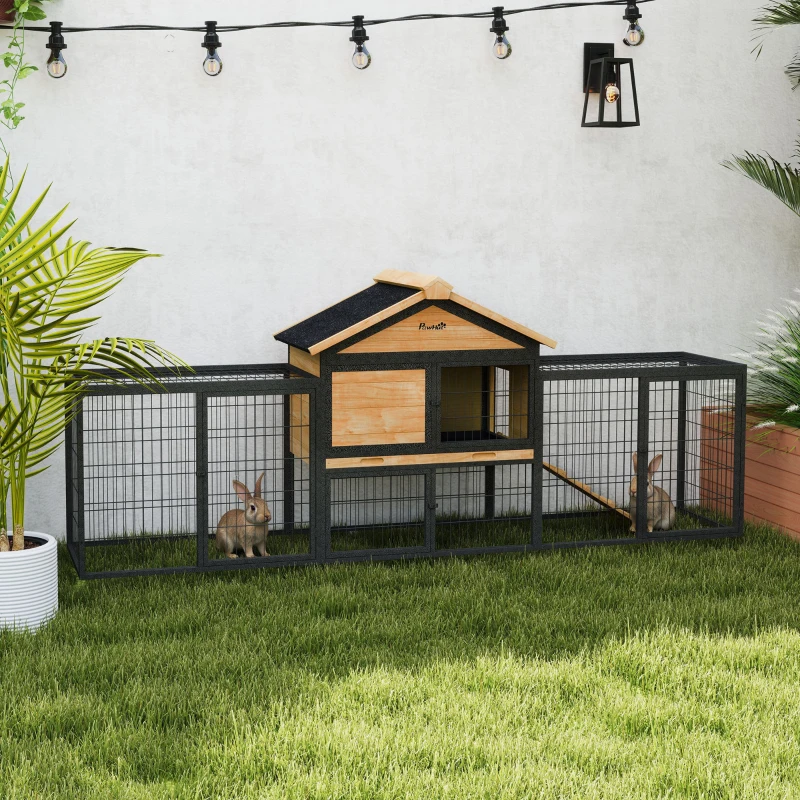 PawHut Coelheira 2 Níveis Coelheira em Madeira Maciça À Prova de Inverno Casa de Dois Andares com Recinto de Passeio 217x53x86 cm Amarelo