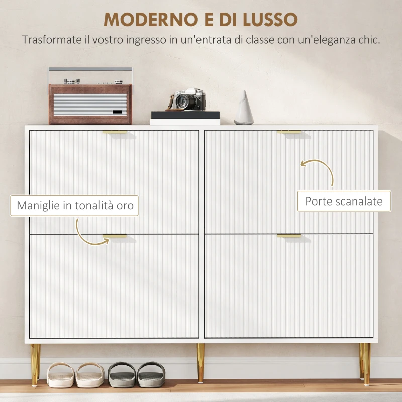 HOMCOM Scarpiera Slim per 20 Paia di Scarpe con 4 Cassetti a Ribalta e Ripiani Regolabili, 105x24x91.5 cm, Bianco
