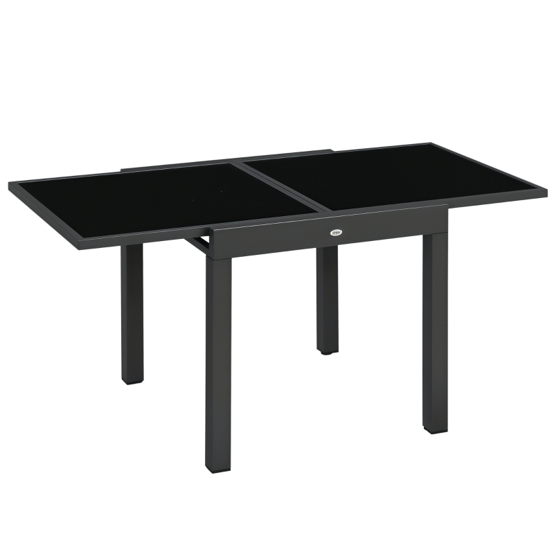 Outsunny Extending Garden Table, Outdoor Dining Table with Aluminium Frame and Tempered Glass Tabletop, 80/160 x 80 x 75 cm, Black