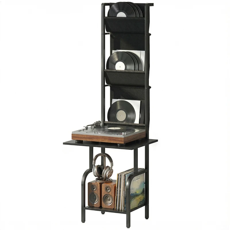 HOMCOM Vinyl Record Player Stand Record Storage with Player Stand Oxford Fabric Pockets Bottom Shelf, Black