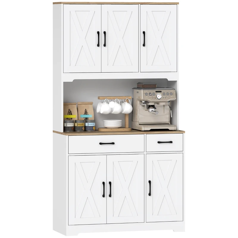 HOMCOM Buffet haut cuisine armoire de cuisine avec 6 portes 2 tiroirs plan de travail étagères réglables 94x39,5x175,2cm blanc(m-11)