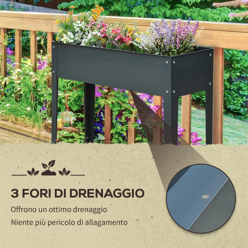 Outsunny Fioriera da Esterno Rialzata in Metallo con 3 Fori di Drenaggio, 100x30x80 cm, Grigio