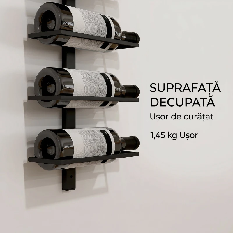 HOMCOM Suport de sticle de perete cu 10 rafturi din oțel, negru, pentru 10 sticle, 27x10x116 cm